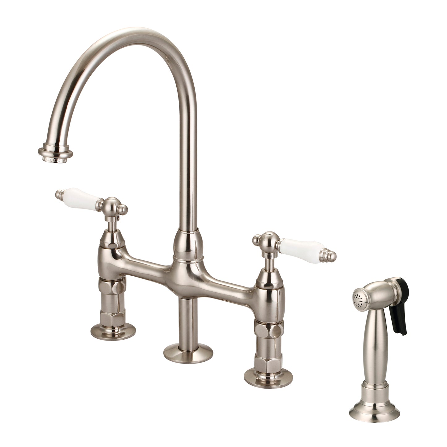 Harding Kitchen Bridge Faucet, Sidesprayer & Porcelain Lever Handles, Brushed Nickel