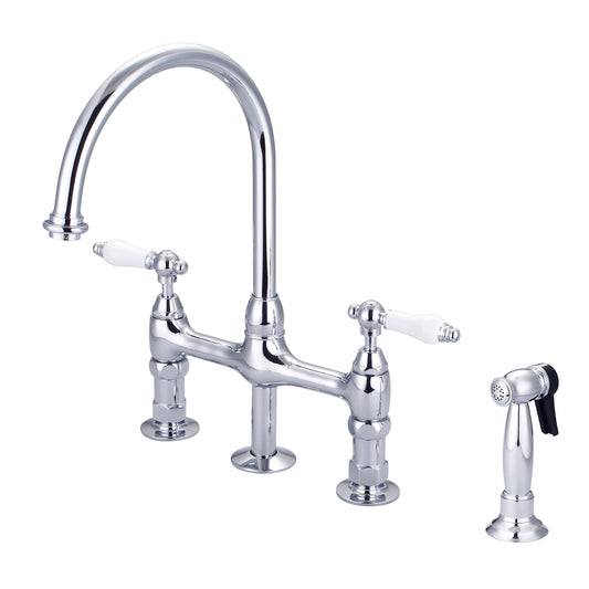 Harding Kitchen Bridge Faucet, Sidesprayer & Porcelain Lever Handles, Chrome