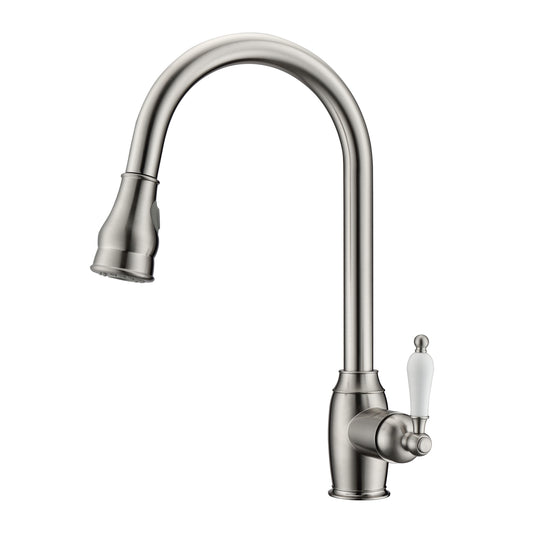 Bay Kitchen Faucet, Pull-Out Sprayer, Single Porcelain Lever Handle, Brushed Nickel
