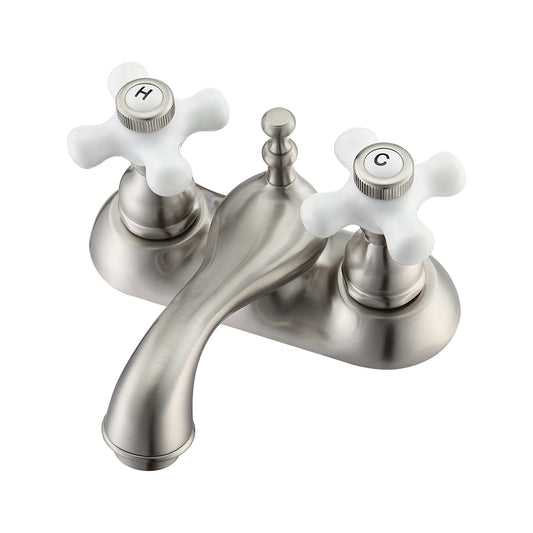 Donata Centerset Brushed Nickel Bathroom Faucet - Porcelain Cross Handles