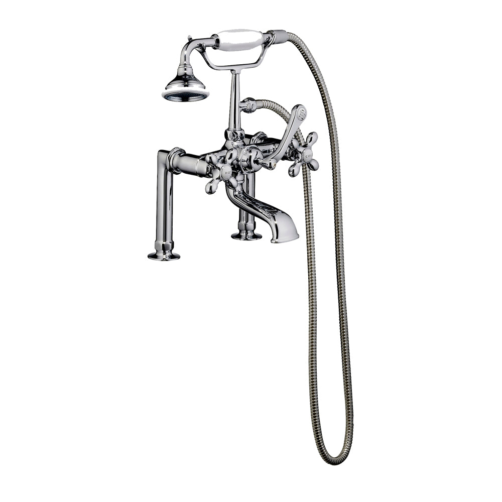 Tub Deck Diverter Faucet with Hand Shower & Cross Handles in Chrome