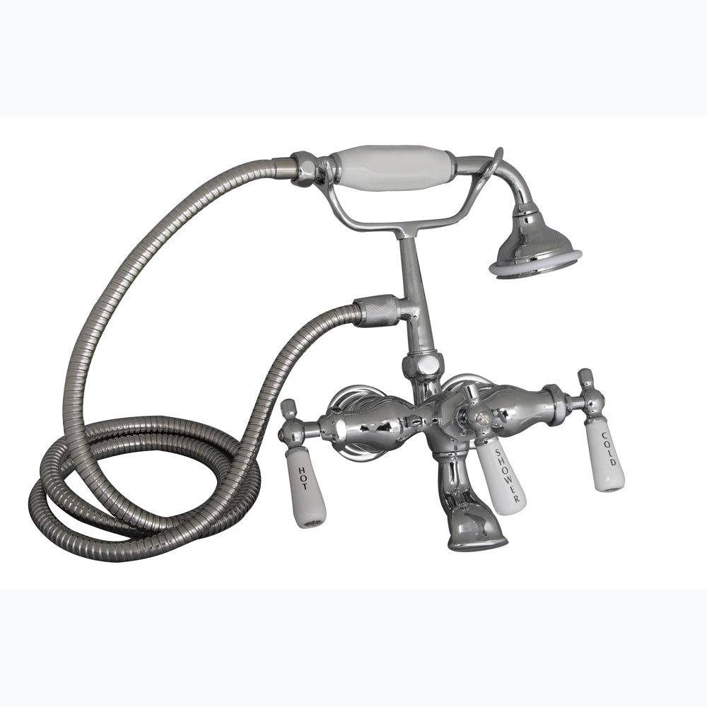 Clawfoot Tub Faucet Wide Spout with Hand Shower & Porcelain Lever Handles in Chrome